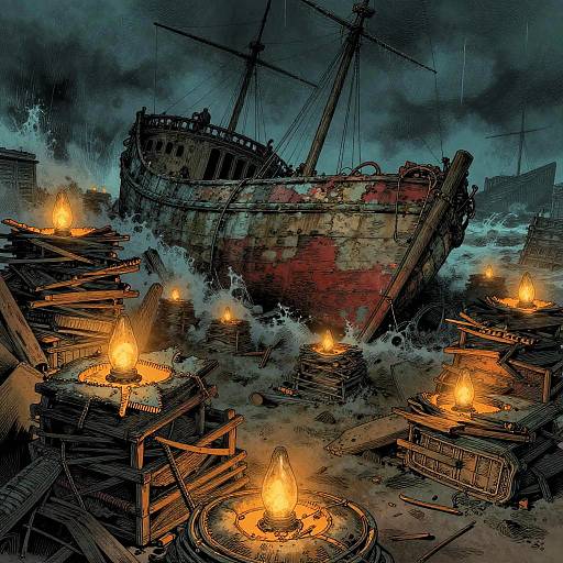Digital artwork of a ruined, red-and-brown shipwreck amidst a dark, stormy night, surrounded by glowing, fiery torches on wooden