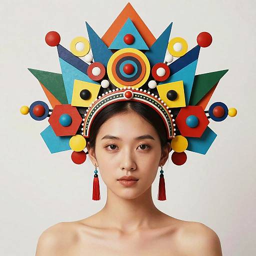 Photograph of an Asian woman with fair skin, black hair, and neutral expression, wearing a vibrant, geometric, colorful headdress with red, blue