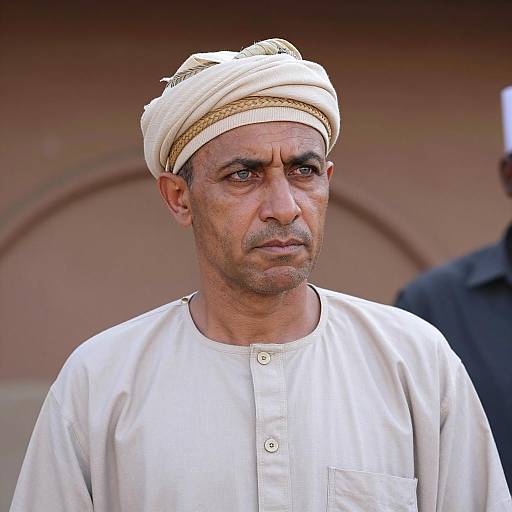 Middle-aged man in traditional beige headwrap and garment
