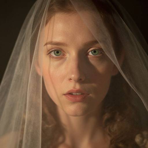 Close-up photograph of a young woman with green eyes, fair skin, and curly brown hair, wearing a sheer white veil, against a dark background,