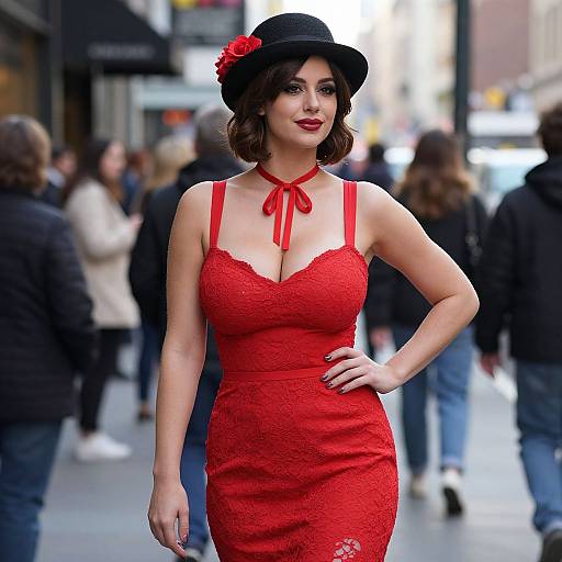Photograph of a fair-skinned woman with short brown hair, red lace dress, black hat with red flower, standing confidently in a bustling city street