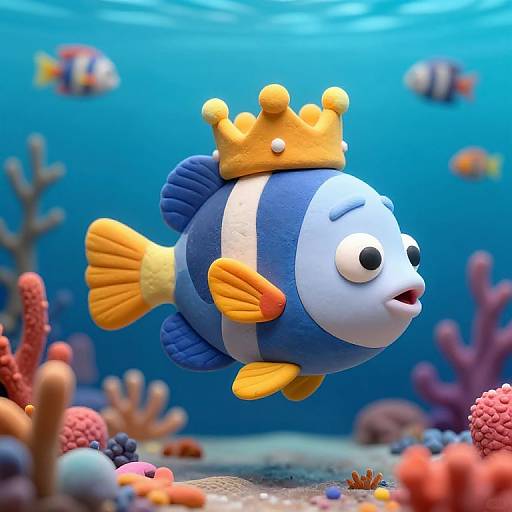Photograph of a cartoon-style blue fish with a white face, wearing a yellow crown, swimming in a vibrant underwater coral reef.