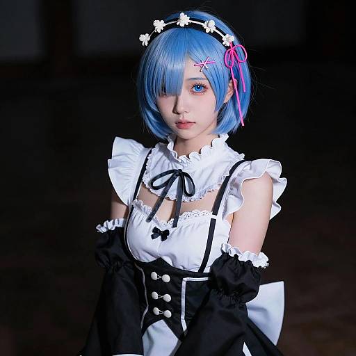 Photograph of a young woman with blue bob haircut, blue eyes, and pink hair clip, wearing a black and white maid outfit with floral headpiece