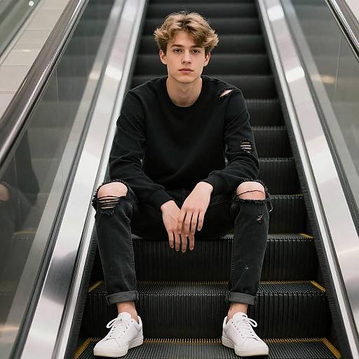 Young Man on Black Escalator Portrait