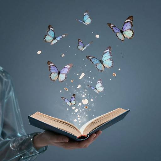 Photograph of a hand holding an open book, with blue butterflies and sparkling particles emerging from the pages against a gradient blue background.