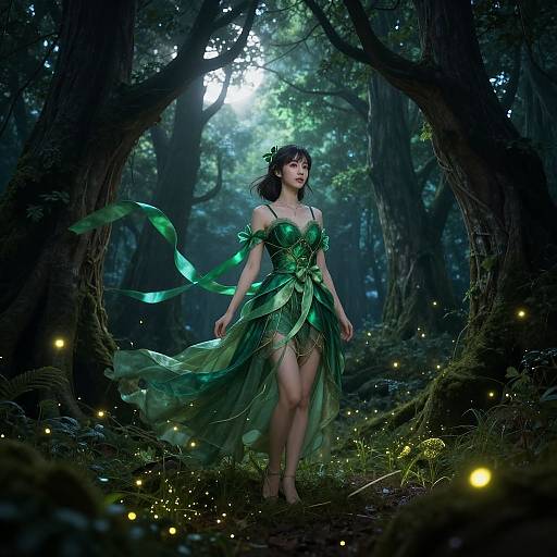 Photograph-style digital art: Elven woman in green leaf dress, dark forest, glowing fireflies, moonlight filtering through trees, ethereal,
