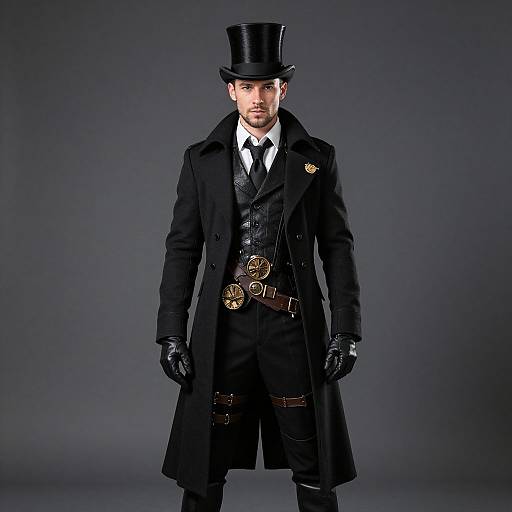 Photograph of a handsome man in a Victorian-style black top hat, coat, gloves, and waistcoat with brass belt buckles, standing against a