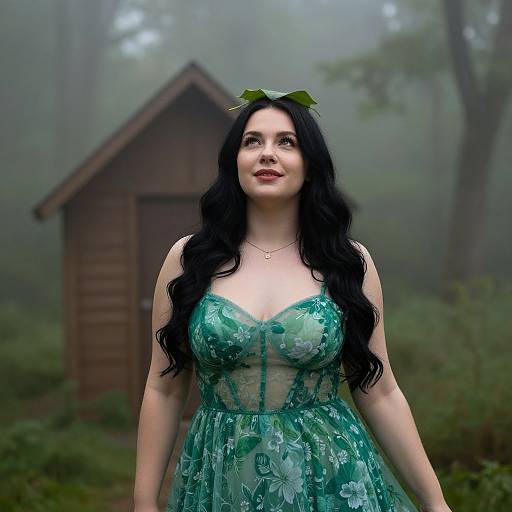 Photograph of a fair-skinned woman with long black hair, wearing a sheer green floral dress and leaf headpiece, standing in a misty forest