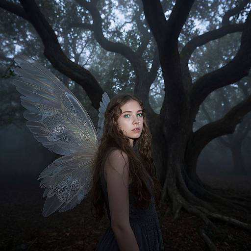 Photograph of a pale-skinned fairy with long brown hair, green eyes, and translucent, patterned wings, standing in a dark, misty