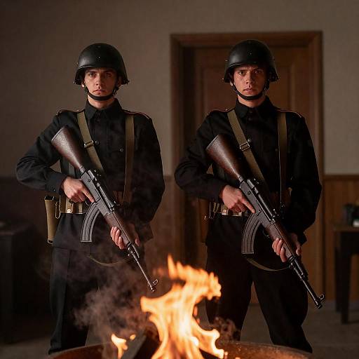 Two Soldiers in Black Uniforms Standing by Fire