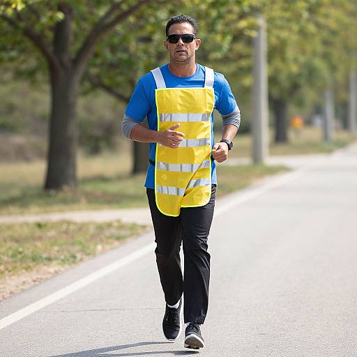 Photograph of a fit man jogging on a sunlit tree-lined road, wearing a blue shirt, black pants, yellow reflective vest, and black sunglasses