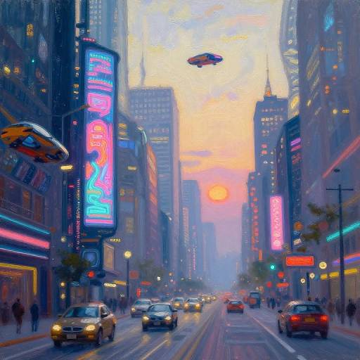 Impressionist Cyberpunk City at Dawn