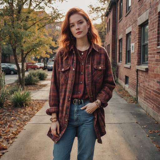 Woman in Oversized Flannel and Baggy Jeans on Sidewalk