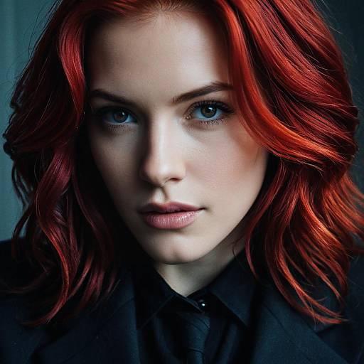 Photograph of a pale-skinned woman with striking red wavy hair, blue eyes, and subtle makeup, wearing a black shirt, staring intently