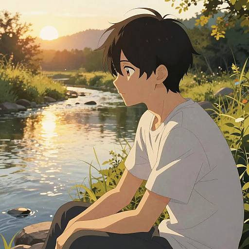 Anime-style drawing of a young boy with black hair, white t-shirt, and dark pants, sitting by a serene river at sunset.