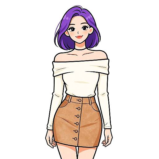 Digital anime-style drawing of a smiling woman with purple hair, wearing an off-shoulder white top and buttoned orange skirt.