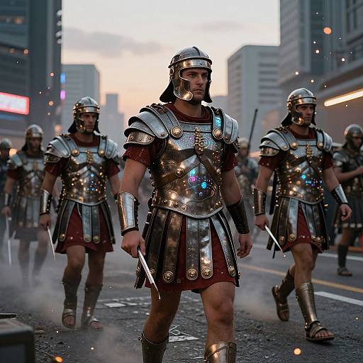 Photograph of muscular men in ancient Roman-style silver armor and red tunics marching in a modern city street at dusk.