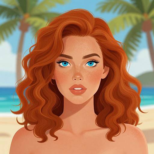 Digital illustration of a fair-skinned woman with vibrant red curly hair, blue eyes, and freckles, standing on a sunny beach with palm trees