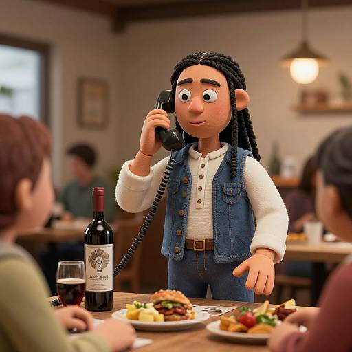 3D CGI image: Animated character with braided hair, denim vest, white shirt, talking on phone in cozy restaurant; wine and food on table