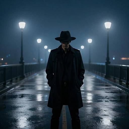 Mysterious Figure on Foggy Bridge