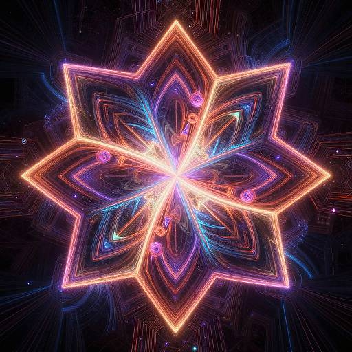 Digital art of a vibrant, neon, multicolored starburst pattern with glowing lines and intricate, overlapping shapes against a dark background.