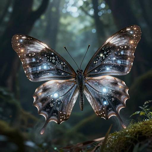 Photograph of a glowing, bioluminescent butterfly with intricate, circuit-like patterns on its wings, illuminated in a mystical, dark forest.