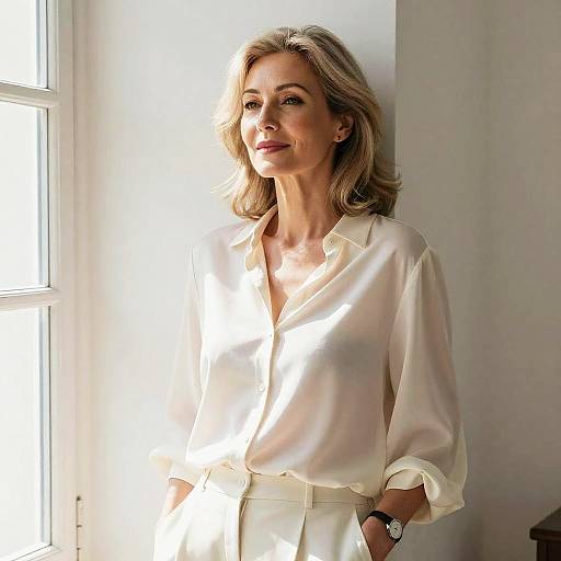 Photograph of a smiling blonde woman with shoulder-length hair, wearing a white satin blouse and white pants, standing near bright sunlight streaming through a window.
