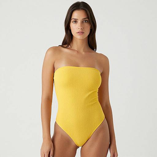 Photograph of a young woman with medium brown skin, long dark hair, wearing a bright yellow, ribbed, strapless one-piece swimsuit,