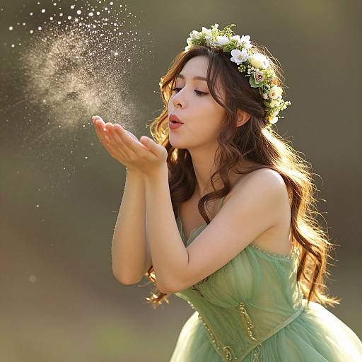 Photograph of a fair-skinned young woman with long brown hair, wearing a green dress and flower crown, gently blowing sparkling fairy dust into the air