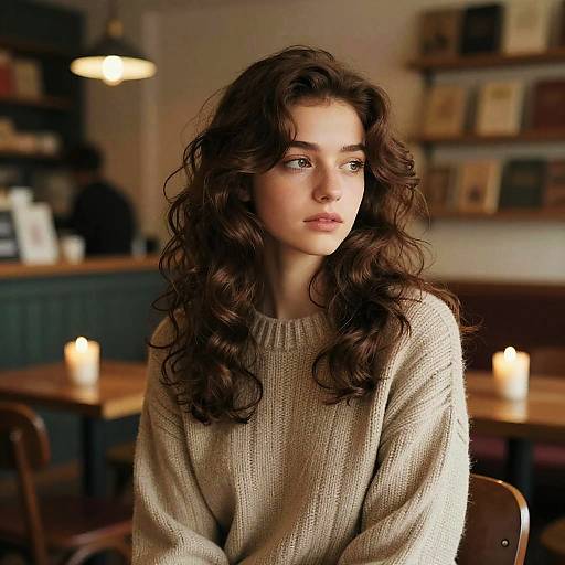 Young woman with wavy blowout hairstyle in cozy cafe