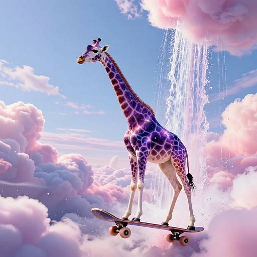 Digital artwork of a purple and white giraffe riding a skateboard above pink and blue clouds with waterfalls cascading from the sky.