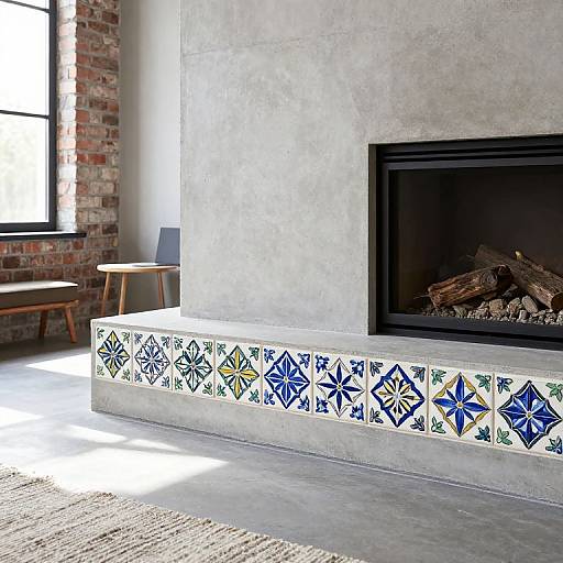 Modern living room photograph with a concrete fireplace, blue and green geometric tile base, exposed brick wall, wooden stool, and natural light.