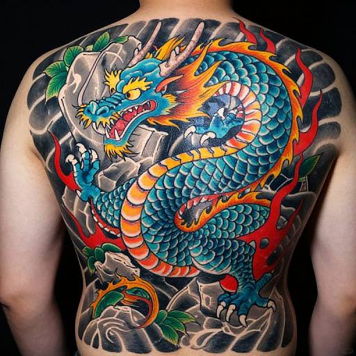 Vibrant, detailed back tattoo of a blue, orange, and yellow dragon with fiery accents, scales, and red flames, set against a rocky
