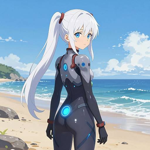 Digital anime-style drawing of a white-haired, blue-eyed girl in a black, form-fitting futuristic suit with glowing blue accents, standing on a sunny