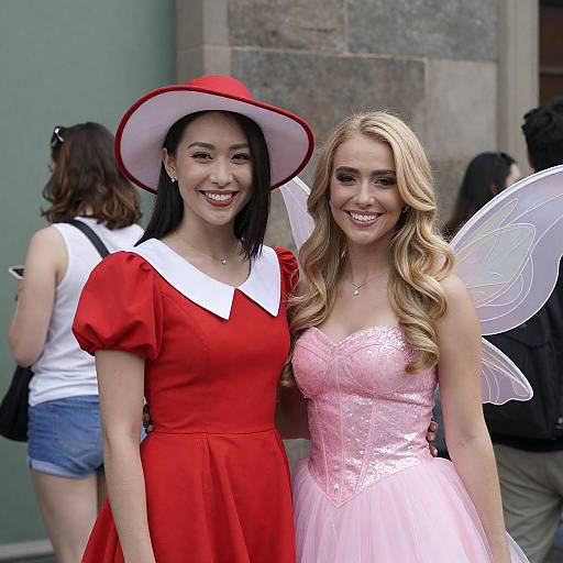 Two Women in Colorful Costumes Smiling