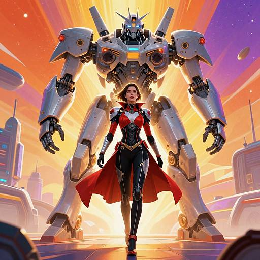 Digital artwork of a confident woman in a red and black suit, flanked by a large, white, glowing mech robot, against a vibrant, futuristic