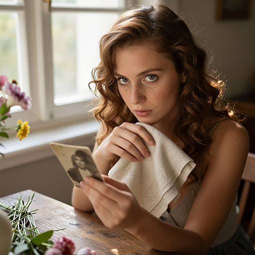 Photograph of a young woman with wavy brown hair and blue eyes, holding a vintage photo and a white towel, sitting at a sunlit wooden