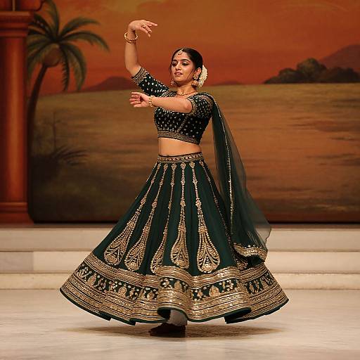 Photograph of a dancer in a black and gold traditional Indian outfit, mid-pose, with a serene orange-hued background and palm tree silhouette.