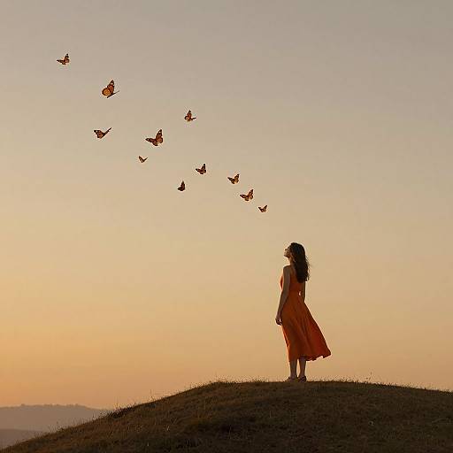 Silhouetted woman in flowing dress watches butterflies fly over a grassy hill at sunset, capturing serene, magical moment.