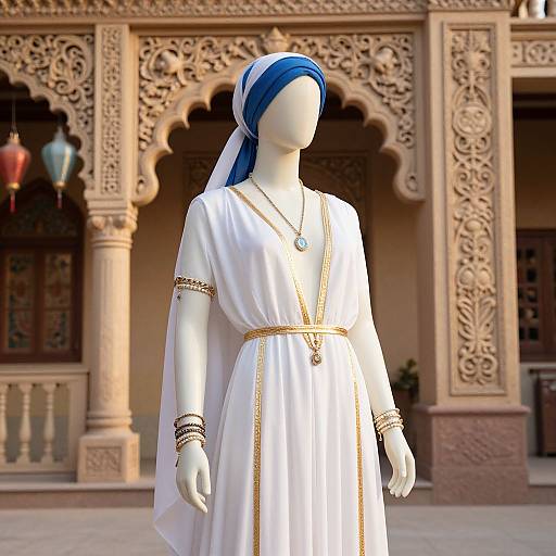 Mannequin in White Robe with Blue Headscarf in Ornate Setting