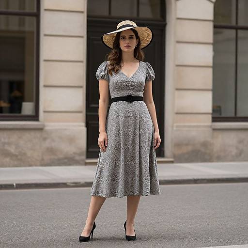 Photograph of a young woman with wavy brown hair, wearing a white polka dot dress, black belt, straw hat, and black heels,