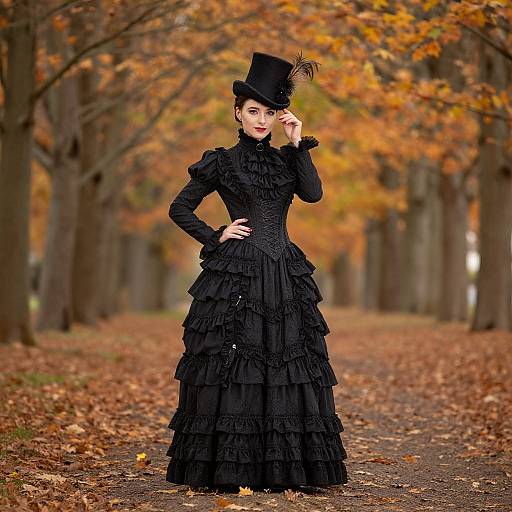 Photograph of a pale-skinned woman in a black, ruffled Victorian dress and top hat, standing on an autumn leaf-covered path.