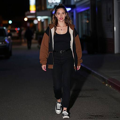 Photograph of a woman with fair skin and dark hair, wearing a brown and black jacket, black top, pants, and white sneakers, walking confidently