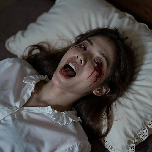 Woman with Bloody Face Lying on Pillow