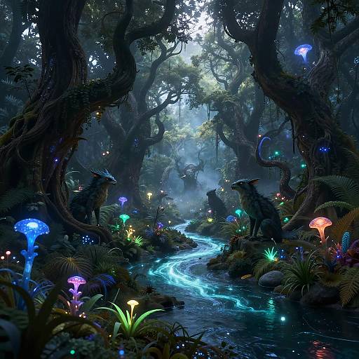 Digital fantasy artwork of a mystical forest with glowing blue mushrooms, bioluminescent plants, and a glowing, winding stream. Two dark, wolf-like