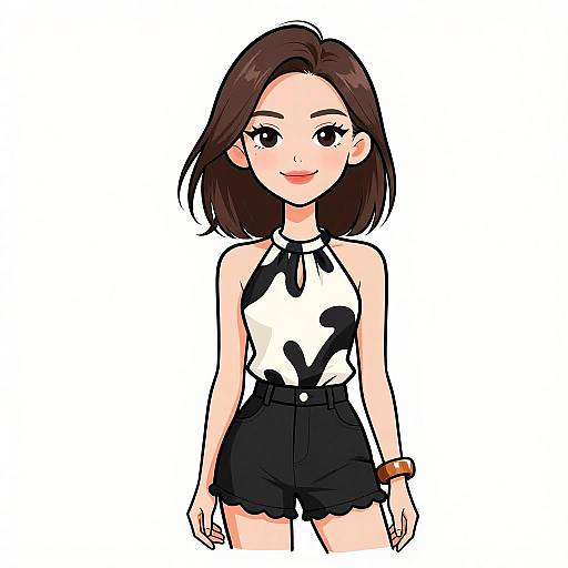 Digital anime-style drawing of a cute young woman with shoulder-length brown hair, wearing a black and white halter top, black shorts, and a brown