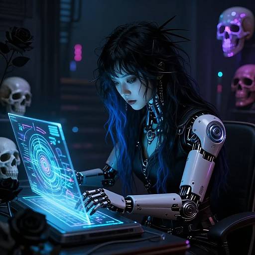 Cyberpunk scene: Dark-haired woman with robotic arms uses glowing blue laptop, surrounded by skulls, in a dimly lit, futuristic room.