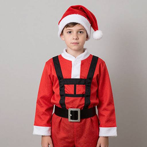 Photograph of a young boy in a red Santa outfit with black straps, white trim, and a Santa hat, standing against a plain white background.