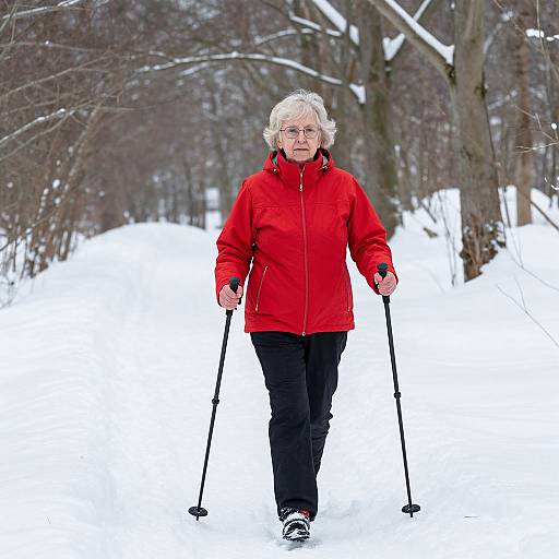 Photograph of an elderly woman with short blonde hair, wearing a bright red jacket, black pants, and holding ski poles, walking through a snowy,