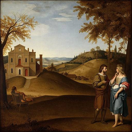 Renaissance painting: Two men and a woman converse near a hillside, large mansion, and distant landscape; tree and chair in the foreground.